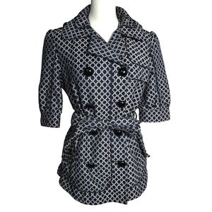 BIZZ Womens Medium Navy Blue White Geometric Print Belt Short Sleeve Trench Coat